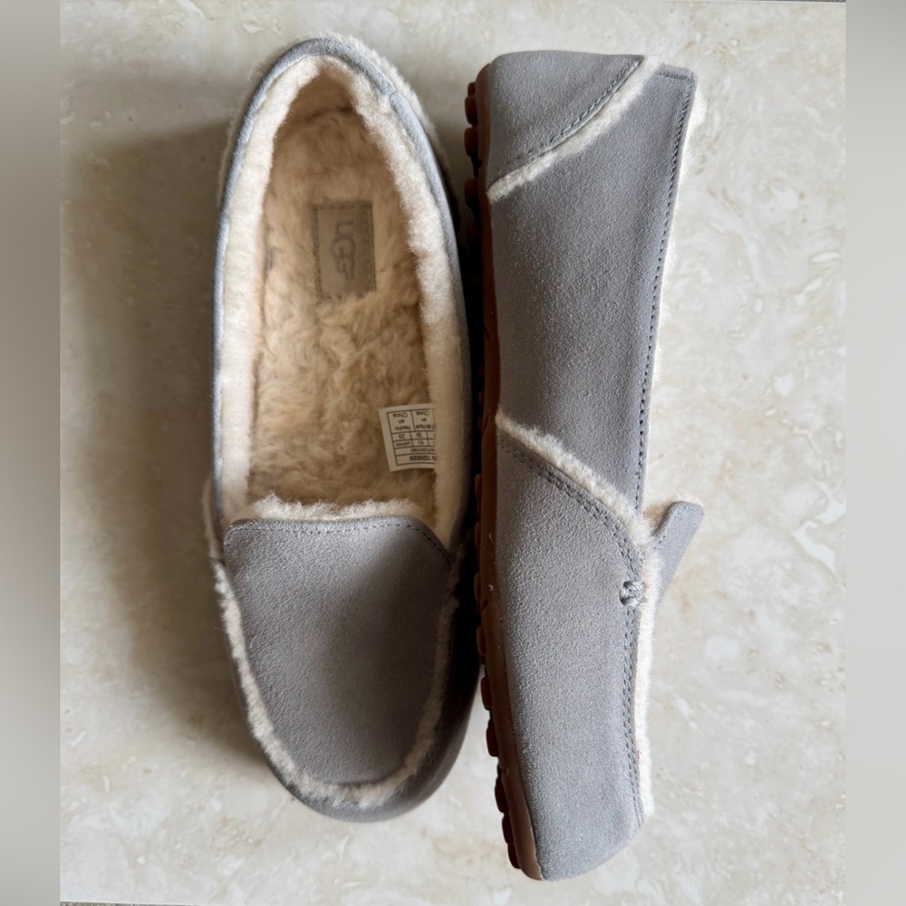UGG Light Gray Suede Shearling-Lined Slip-On Moccasins